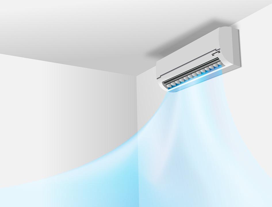 A 3D image of an air conditioner on a wall blowing cool air into the room