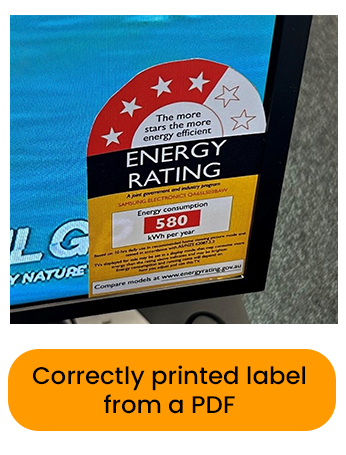 A photo of a correctly printed PDF Energy Rating Label applied to a television screen