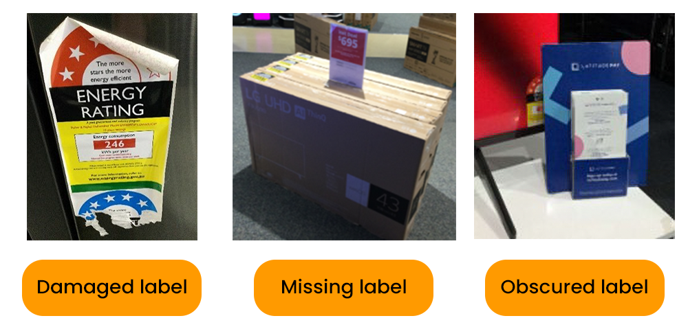 An image showing photos of a damaged and peeling Energy Rating Label, a box without an Energy Rating Label, and an Energy Rating Label obscured by a small brochure stand