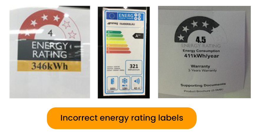 Examples of three incorrect types of energy rating labels being used in retail stores