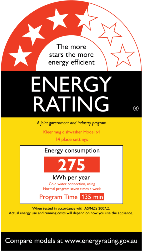 NEW Energy Rating Label for Dishwasher showing 3.5 star rating