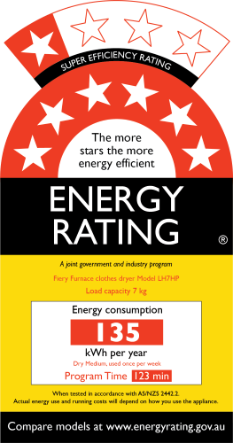 NEW Energy Rating Label for Super Efficiency Clothes dryer showing 7 star rating