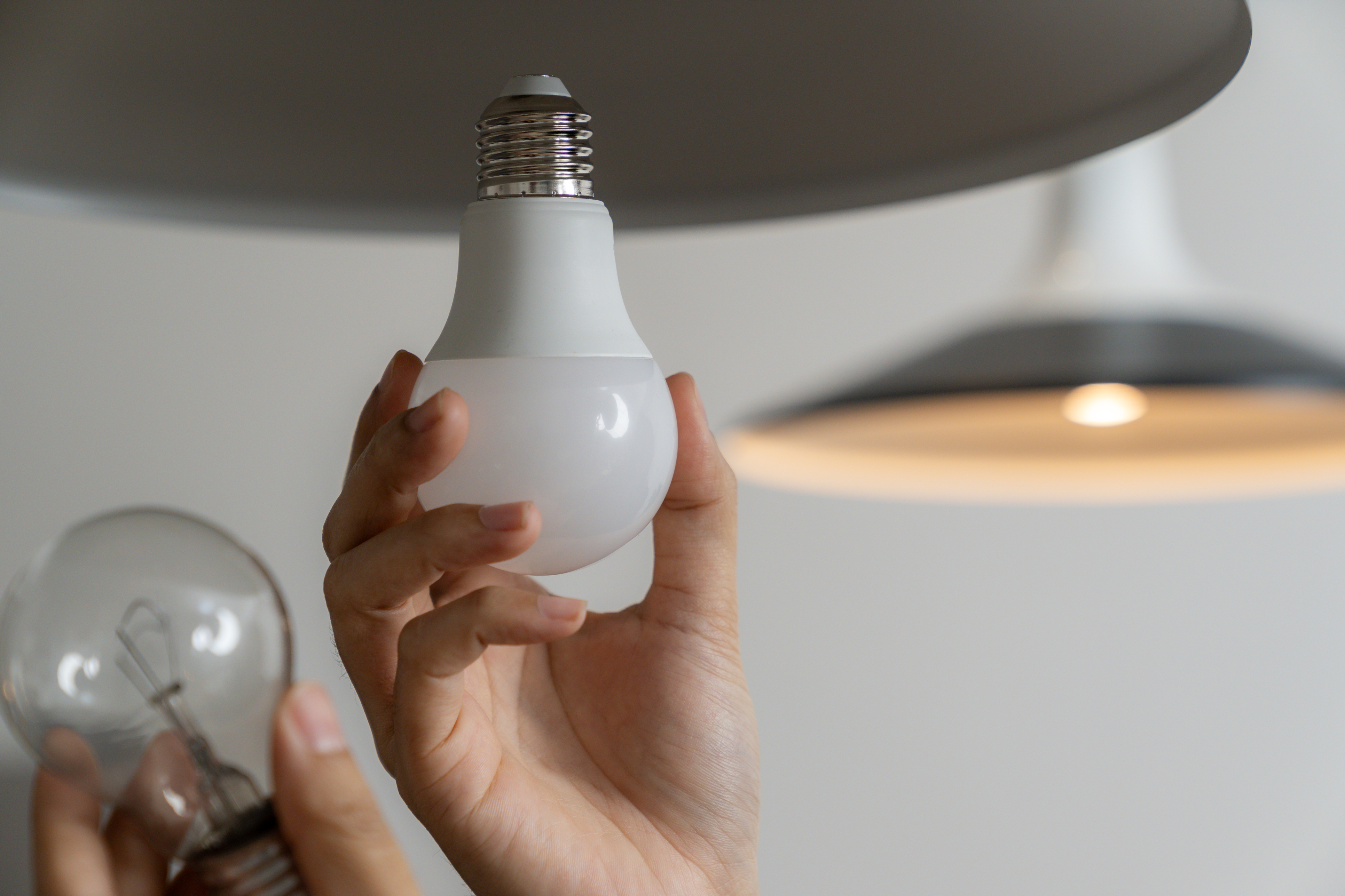 Person replacing incandescent bulb with an LED bulb