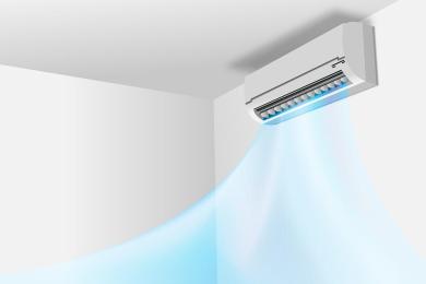 A 3D image of an air conditioner on a wall blowing cool air into the room