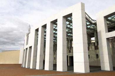 A photo looking towards the front of the Australian Federal Parliament house building